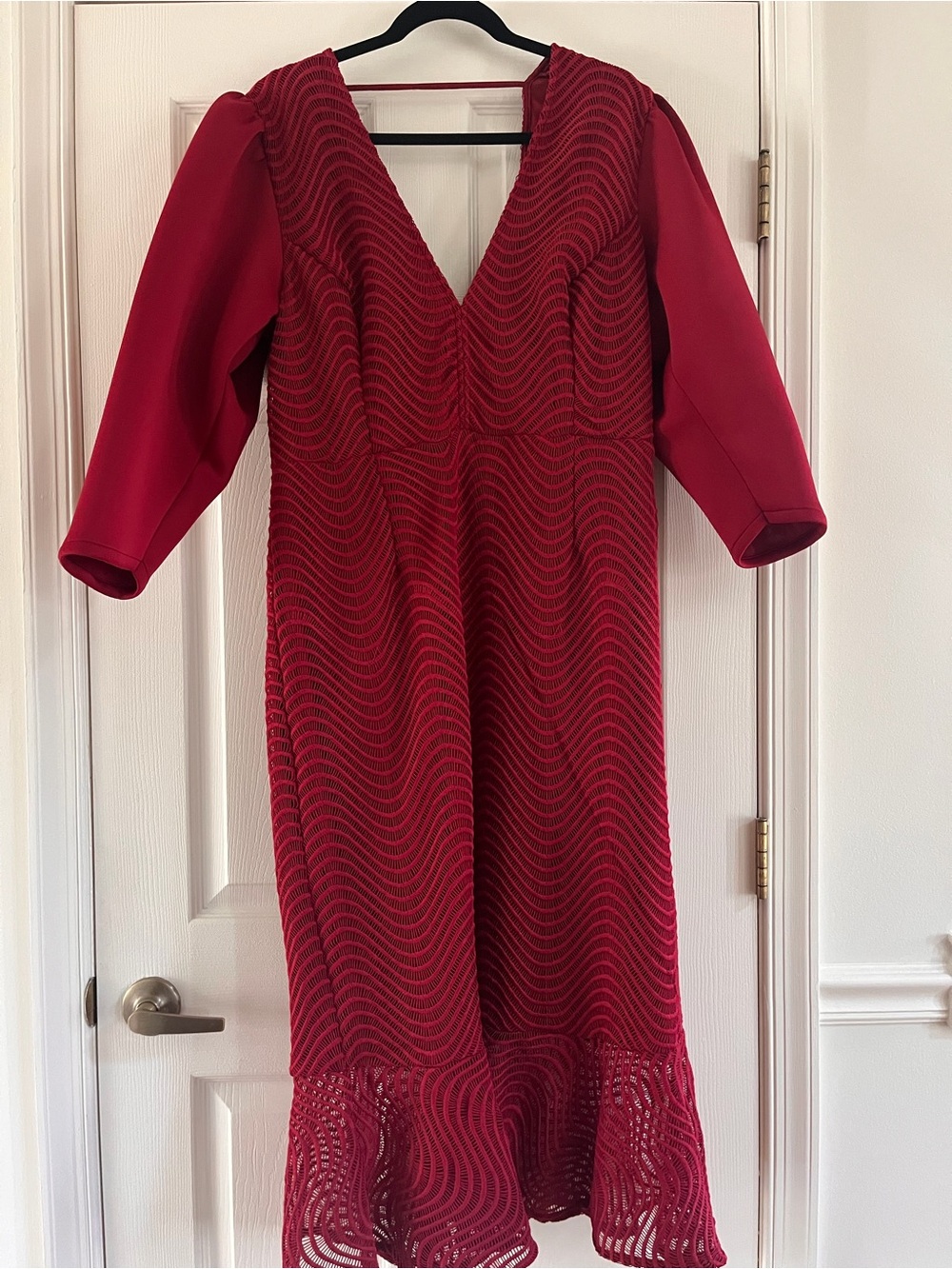 ASOS Red V-Neck Midi Dress with Wave Knit and Flared Hem